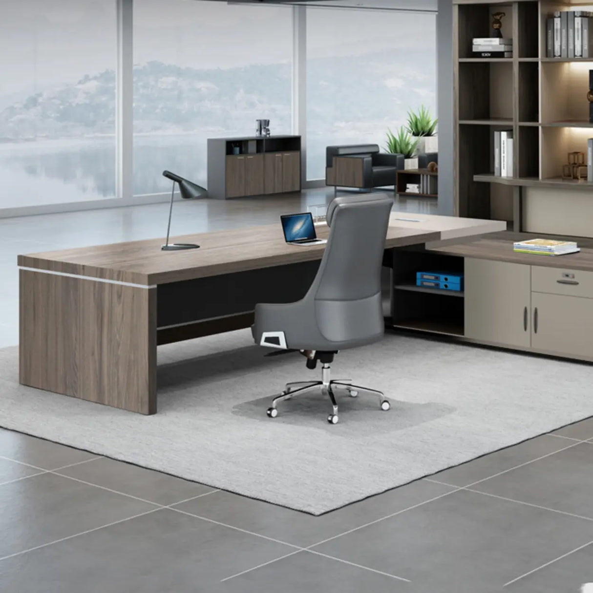 Office Brown Finish Wood L-Shaped Executive Desk Image - 12
