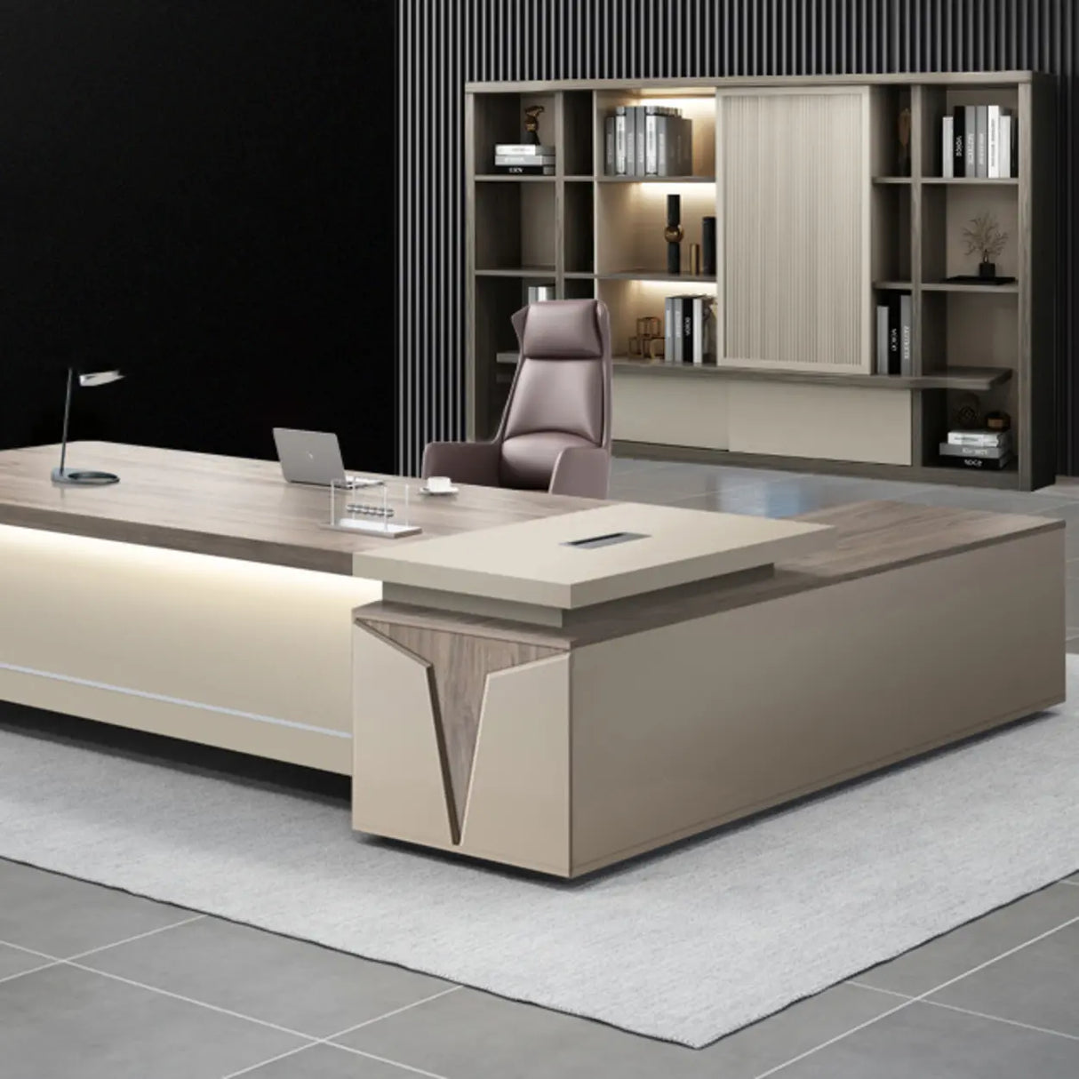 Office Brown Finish Wood L-Shaped Executive Desk Image - 13