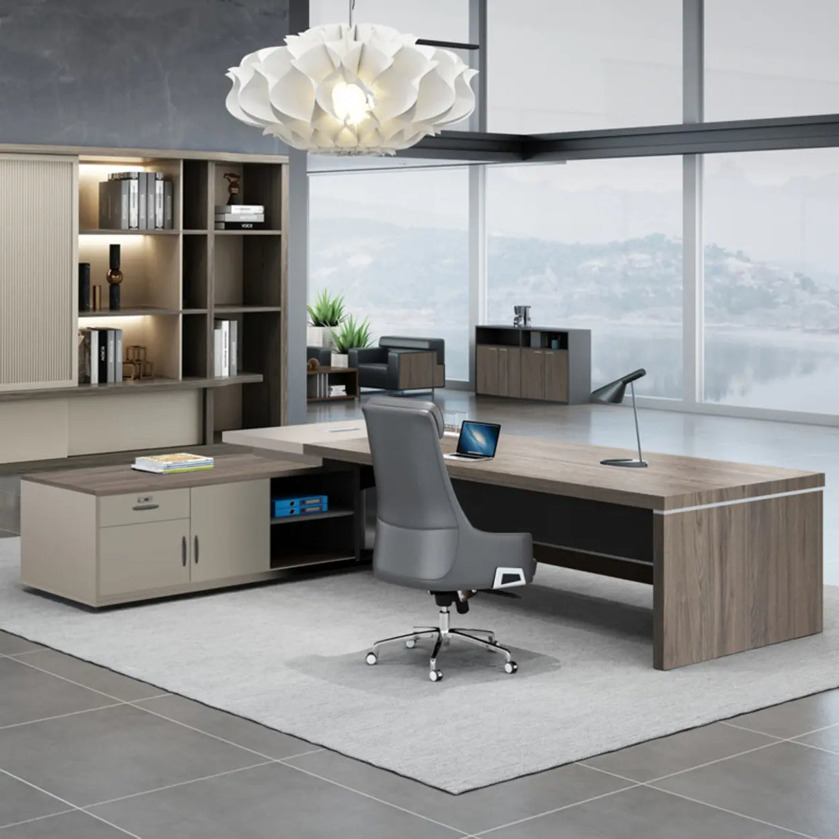 Office Brown Finish Wood L-Shaped Executive Desk Image - 4