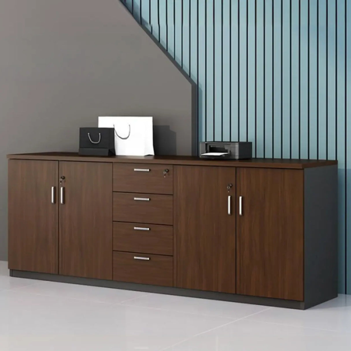 Office Wood Horizontal Brown Secure Filing Cabinet Image - 1