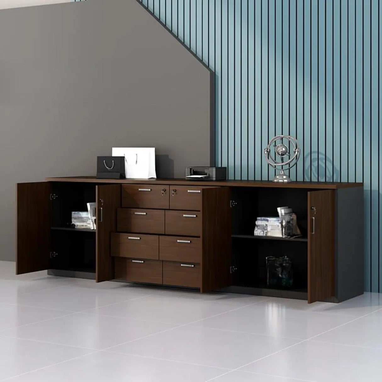 Office Wood Horizontal Brown Secure Filing Cabinet Image - 7
