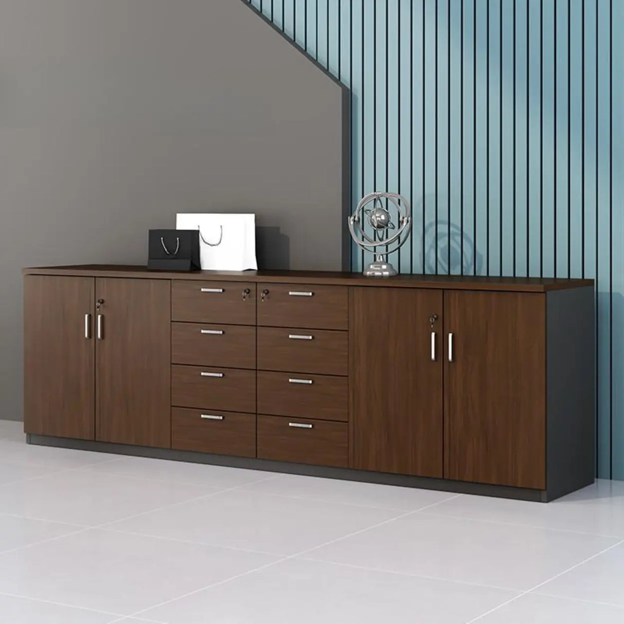 Office Wood Horizontal Brown Secure Filing Cabinet Image - 3
