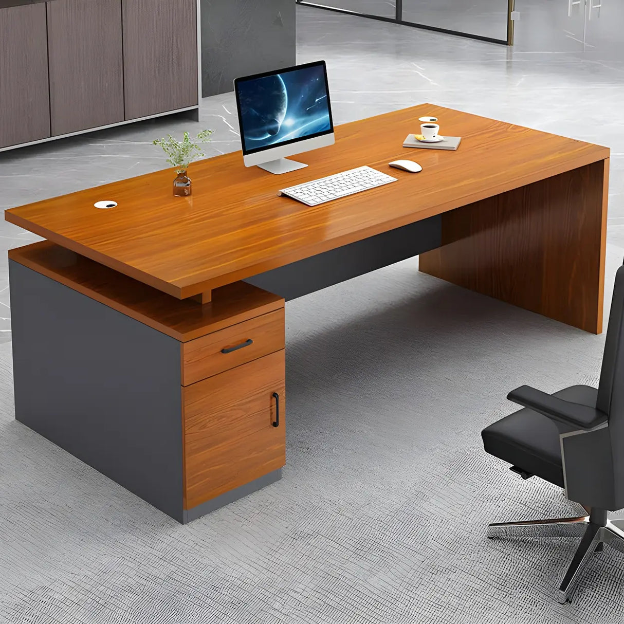 Office Wooden Standard Width Black Base Executive Desk Image - 5