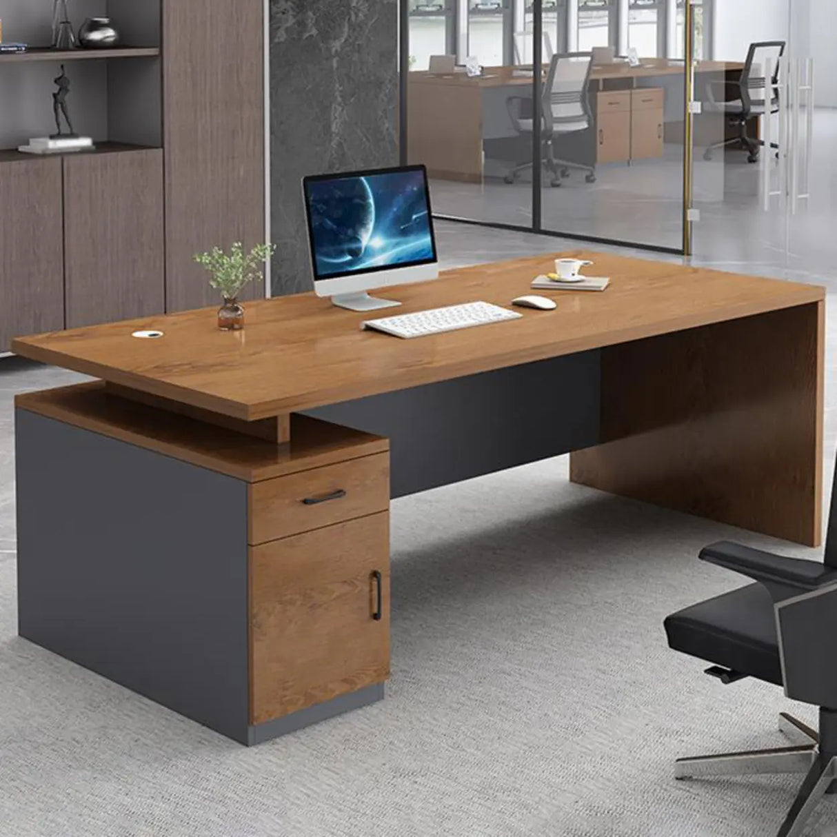 Office Wooden Standard Width Black Base Executive Desk Image - 7