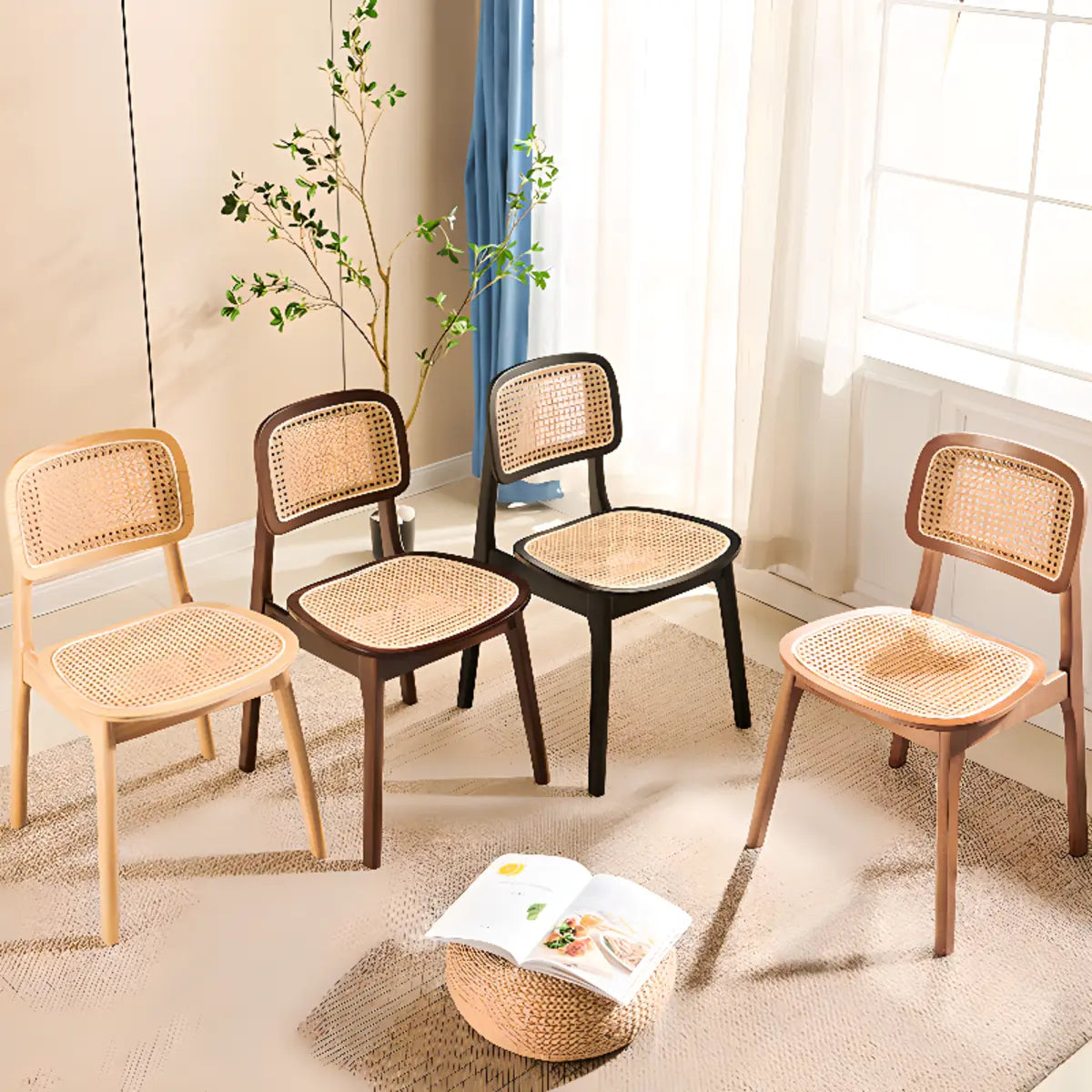 Open Back Armless Rattan Side Chair Wood Dining Chair Image - 1