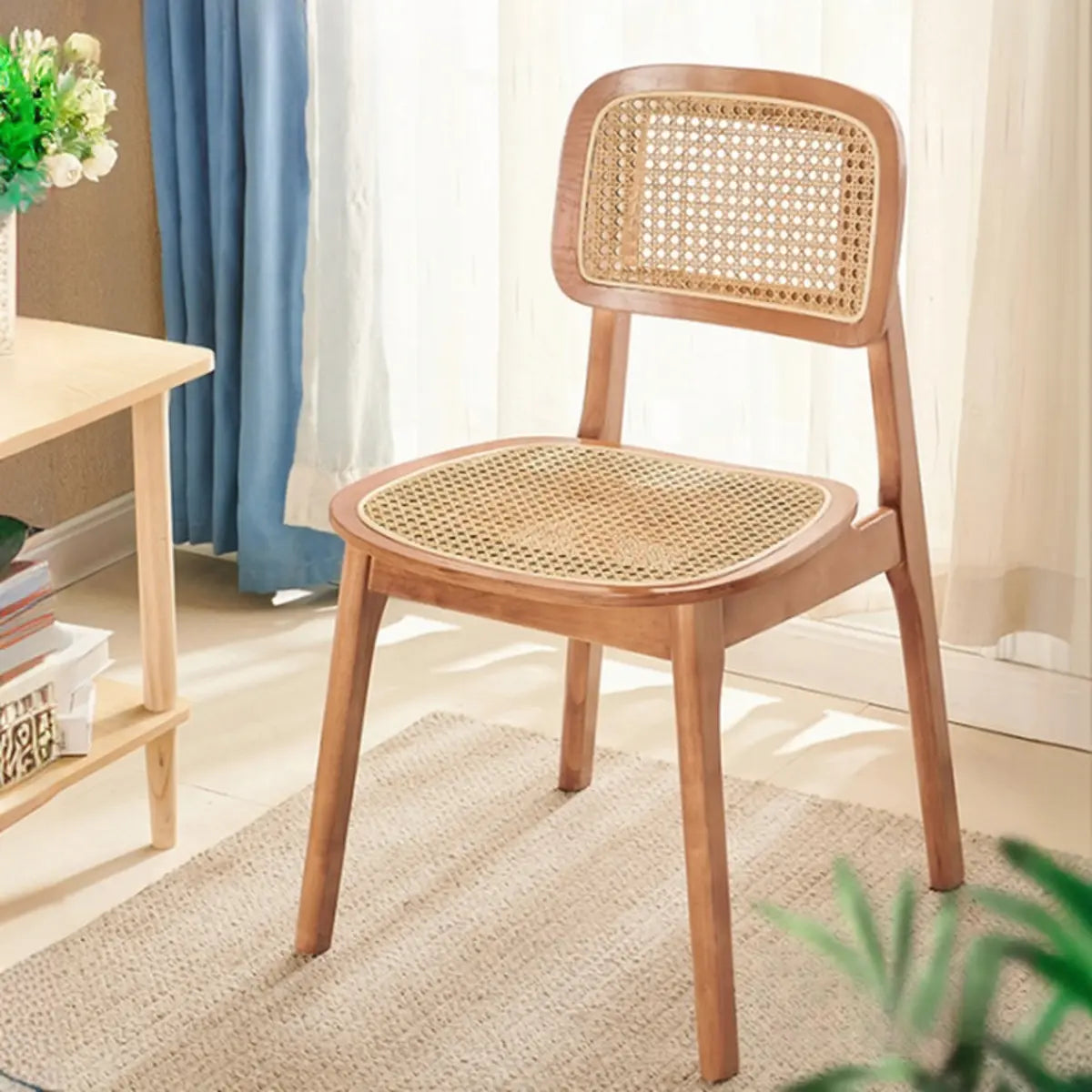 Open Back Armless Rattan Side Chair Wood Dining Chair Image - 4