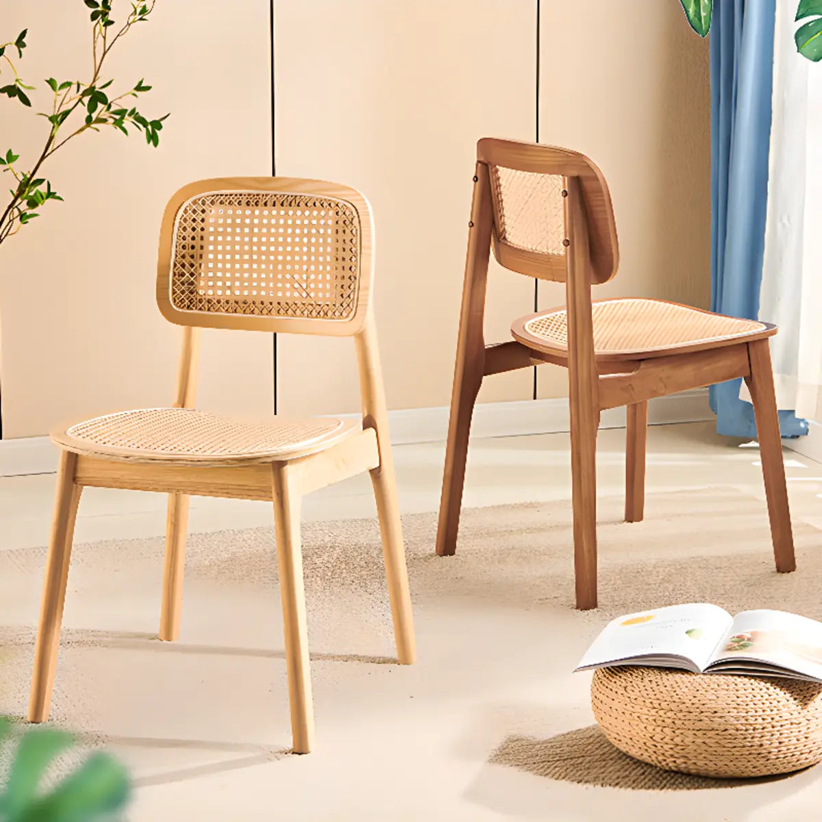 Open Back Armless Rattan Side Chair Wood Dining Chair Image - 6