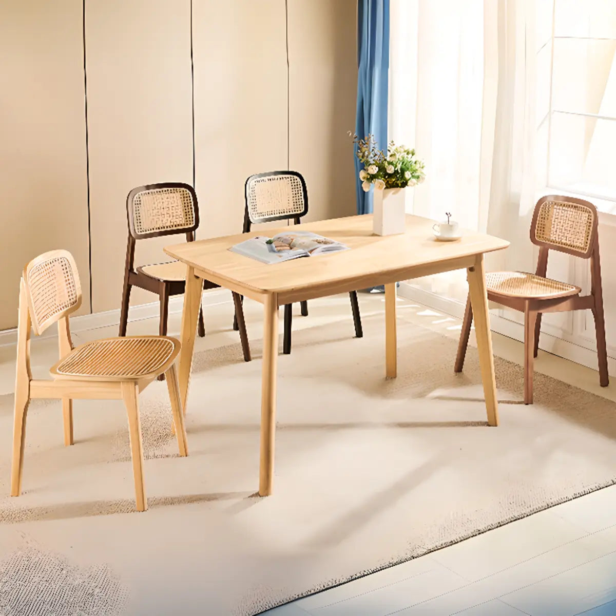 Open Back Armless Rattan Side Chair Wood Dining Chair Image - 8