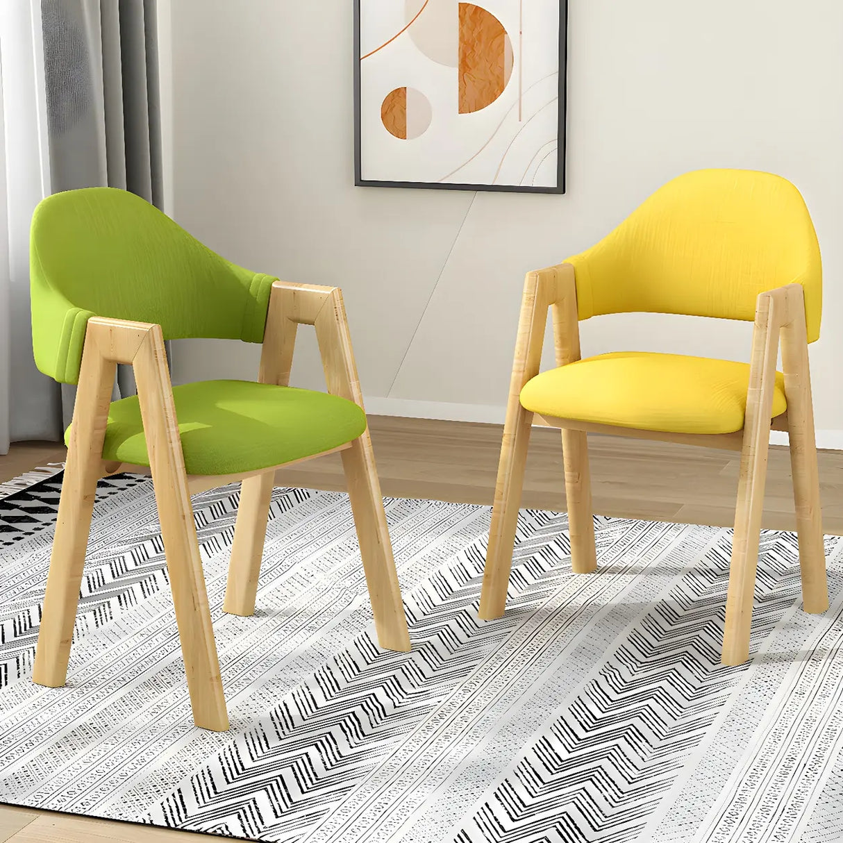 Open Back Cotton Leather Dining Arm Chair with Wood Leg Image - 1