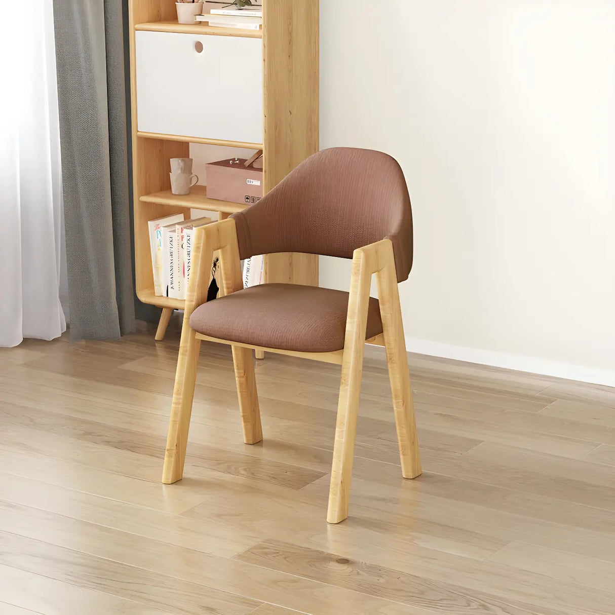 Open Back Cotton Leather Dining Arm Chair with Wood Leg Image - 14