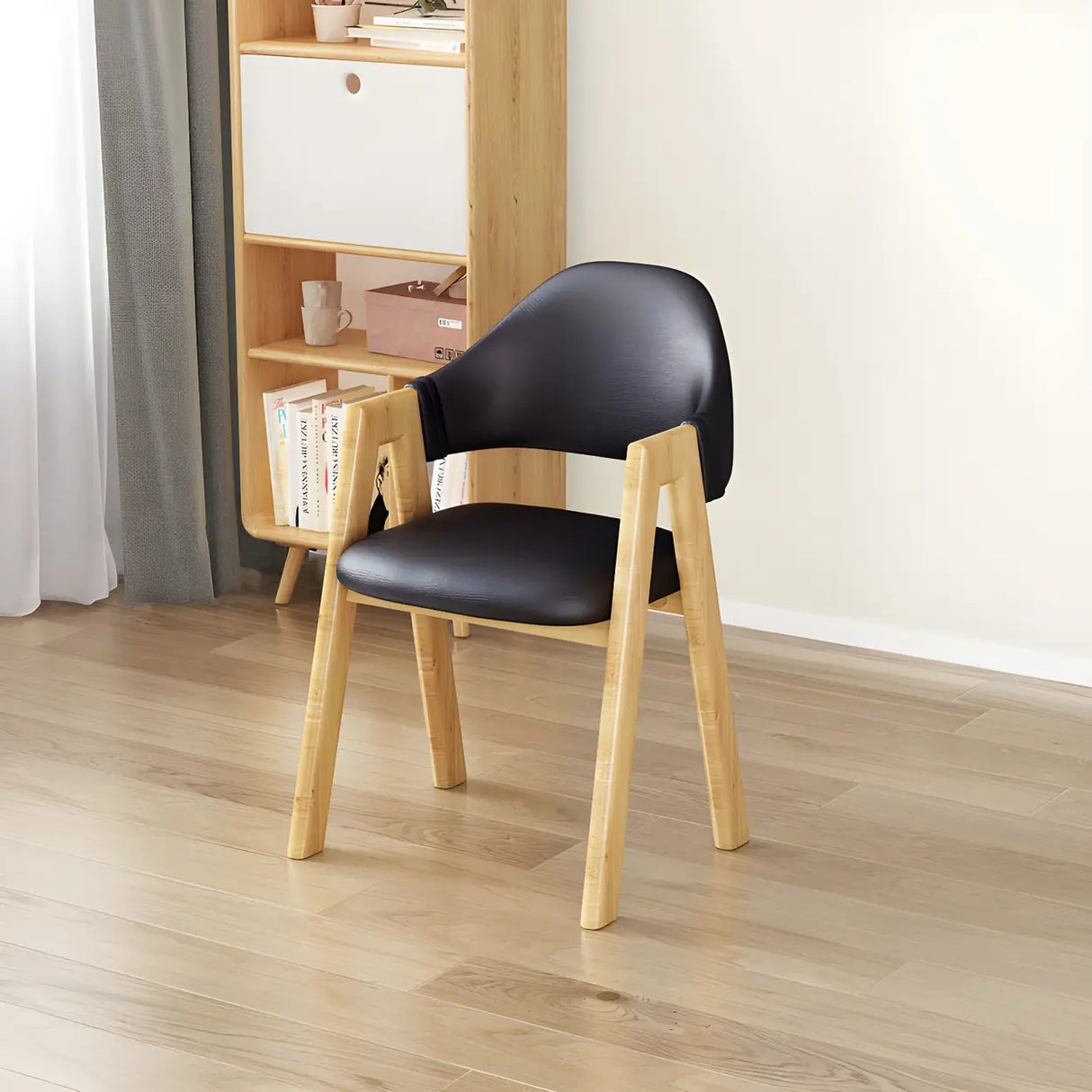 Open Back Cotton Leather Dining Arm Chair with Wood Leg Image - 19