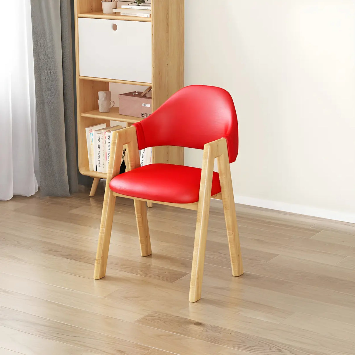 Open Back Cotton Leather Dining Arm Chair with Wood Leg Image - 2