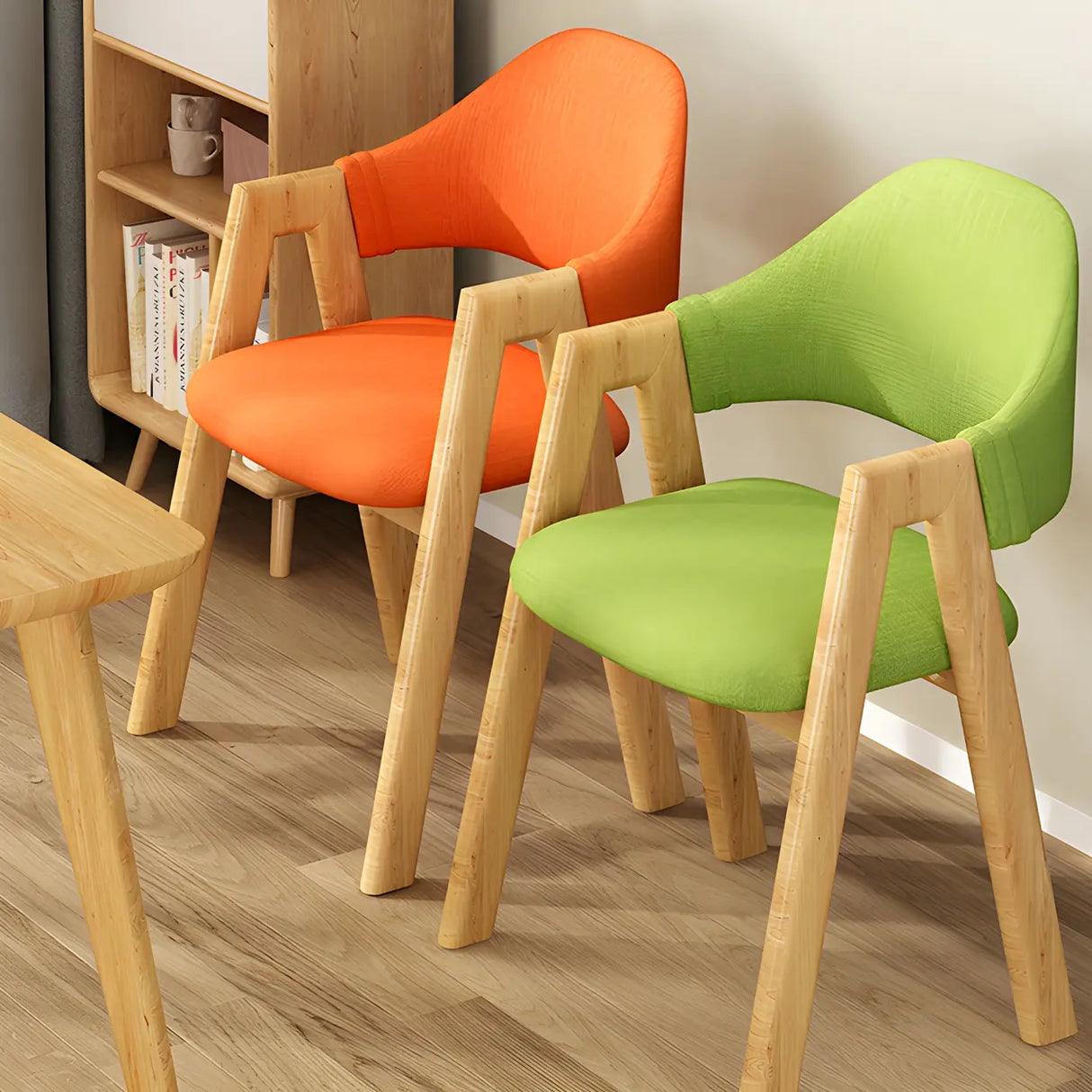 Open Back Cotton Leather Dining Arm Chair with Wood Leg Image - 23