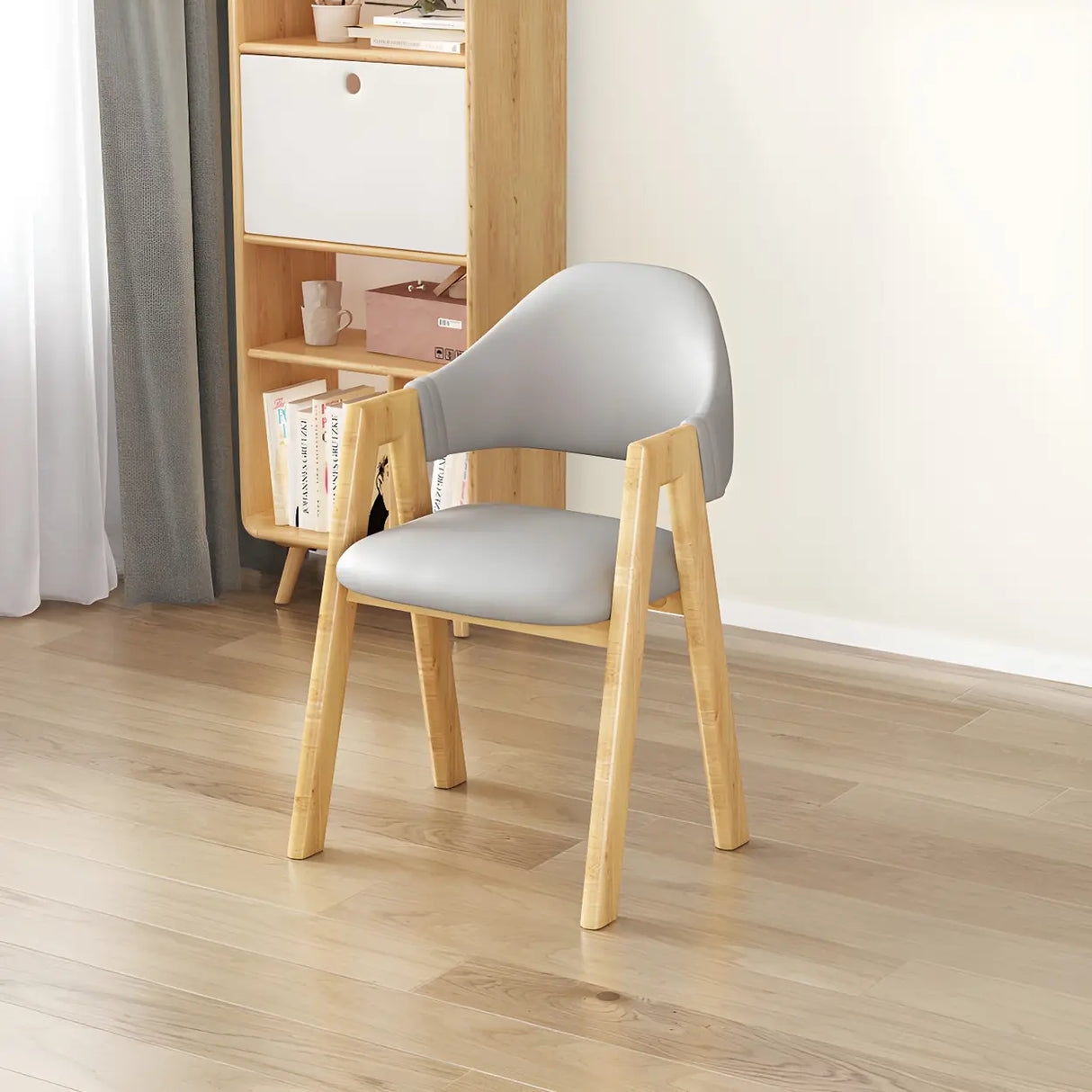 Open Back Cotton Leather Dining Arm Chair with Wood Leg Image - 25