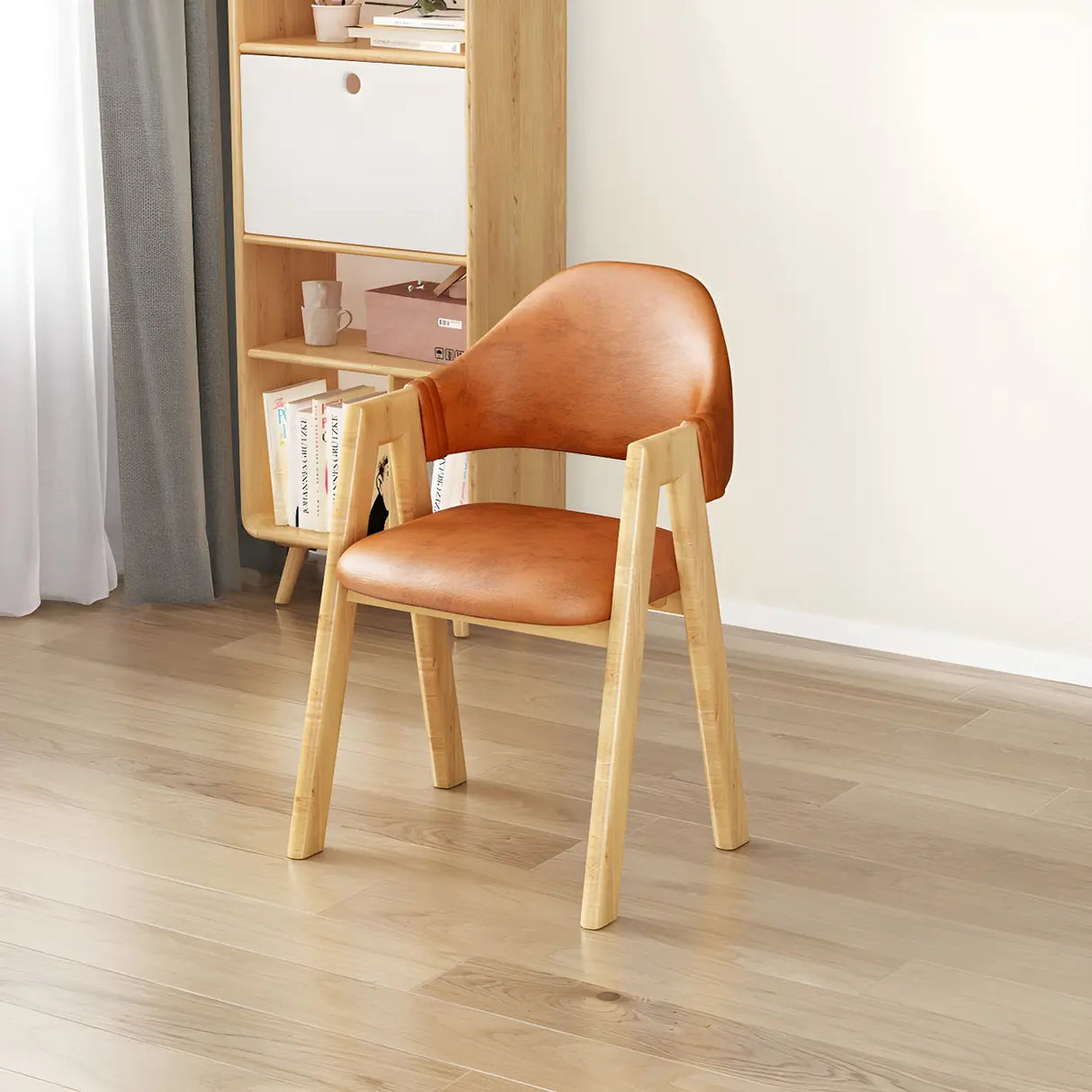 Open Back Cotton Leather Dining Arm Chair with Wood Leg Image - 37