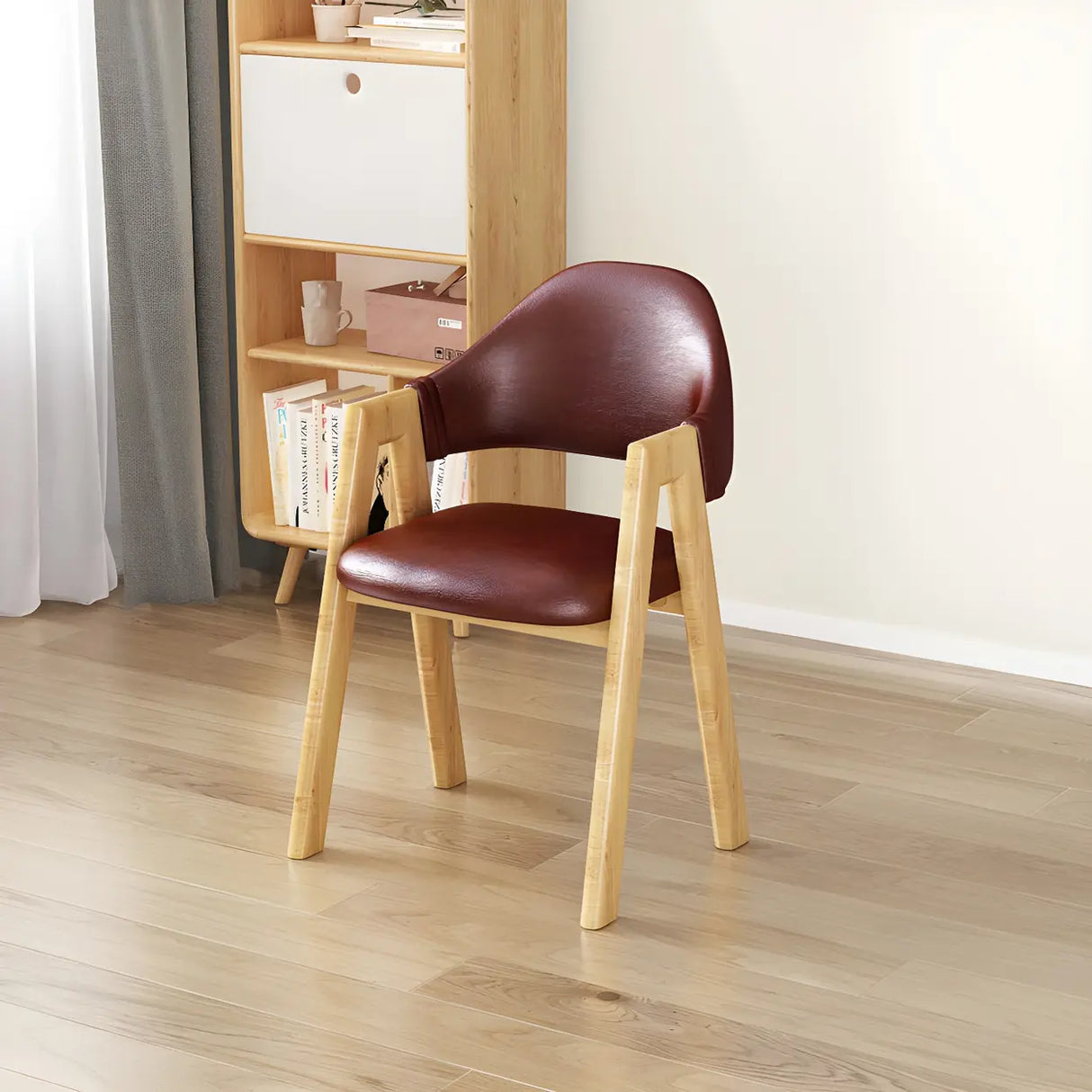 Open Back Cotton Leather Dining Arm Chair with Wood Leg Image - 49