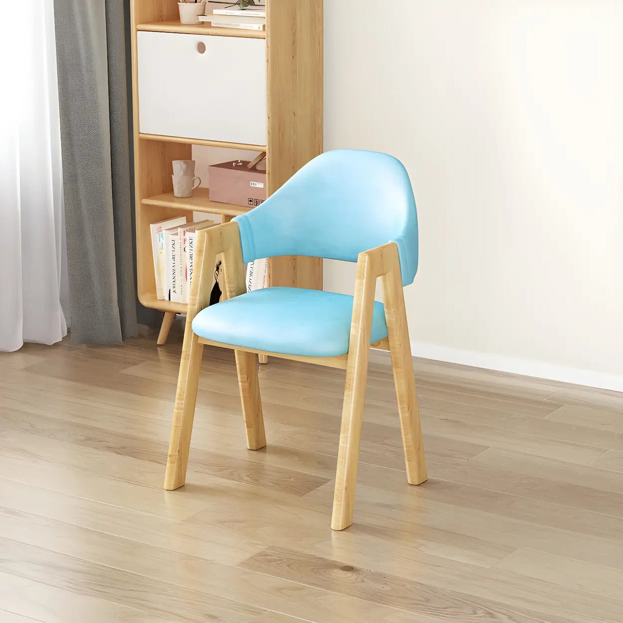 Open Back Cotton Leather Dining Arm Chair with Wood Leg Image - 52