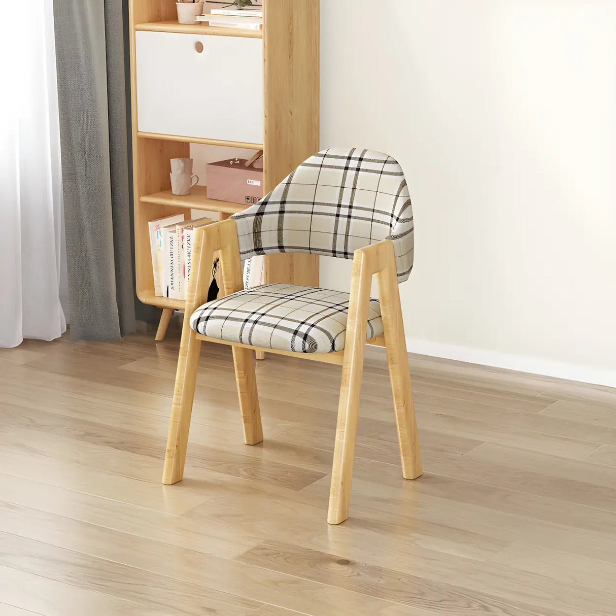 Open Back Cotton Leather Dining Arm Chair with Wood Leg Image - 58