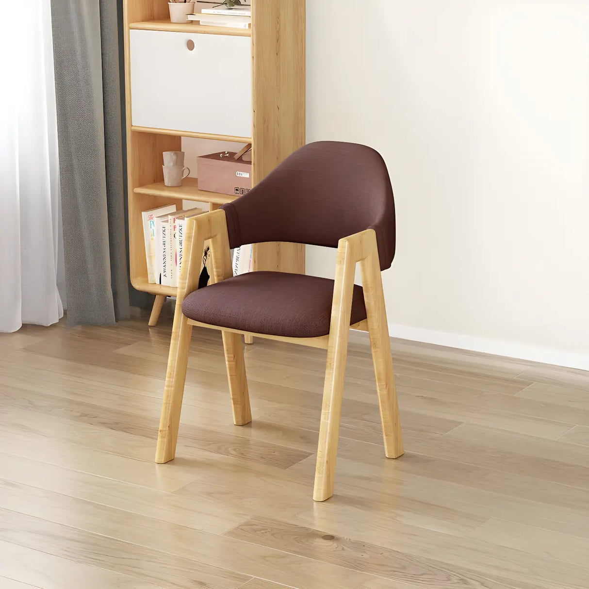 Open Back Cotton Leather Dining Arm Chair with Wood Leg Image - 79