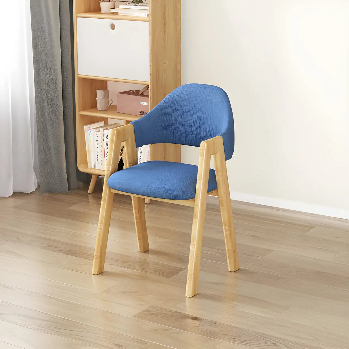 Open Back Cotton Leather Dining Arm Chair with Wood Leg Image - 82