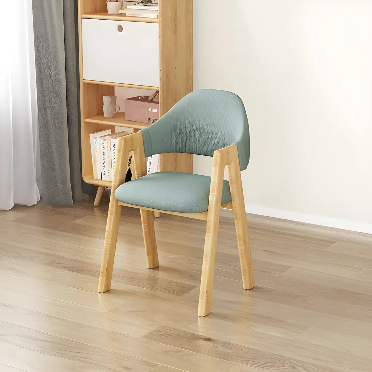 Open Back Cotton Leather Dining Arm Chair with Wood Leg Image - 85