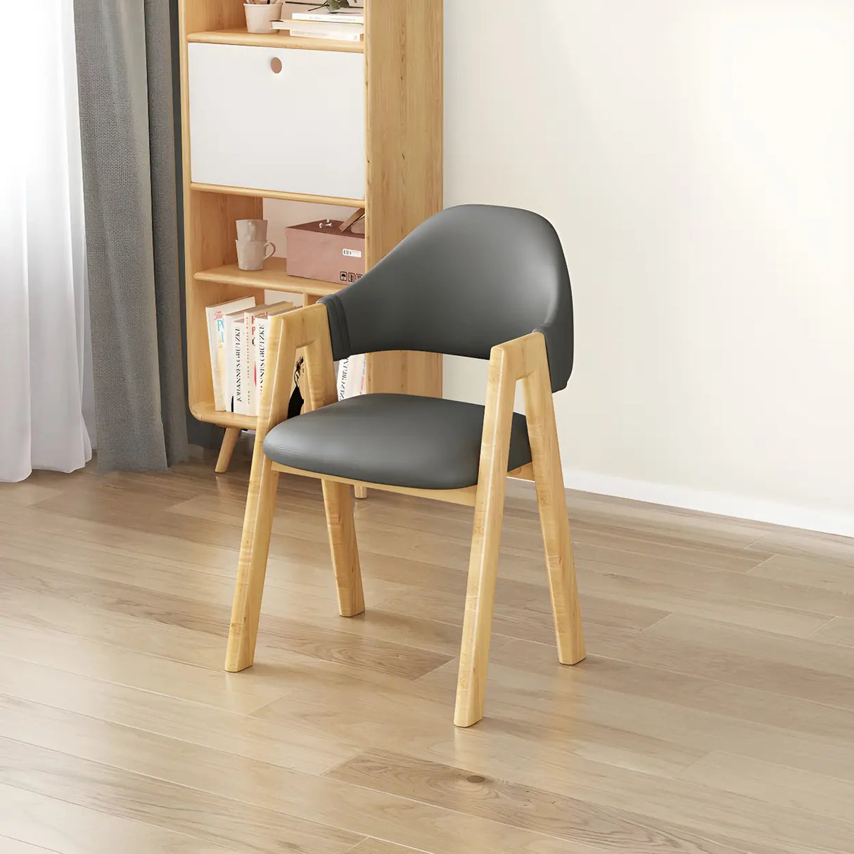 Open Back Cotton Leather Dining Arm Chair with Wood Leg Image - 88