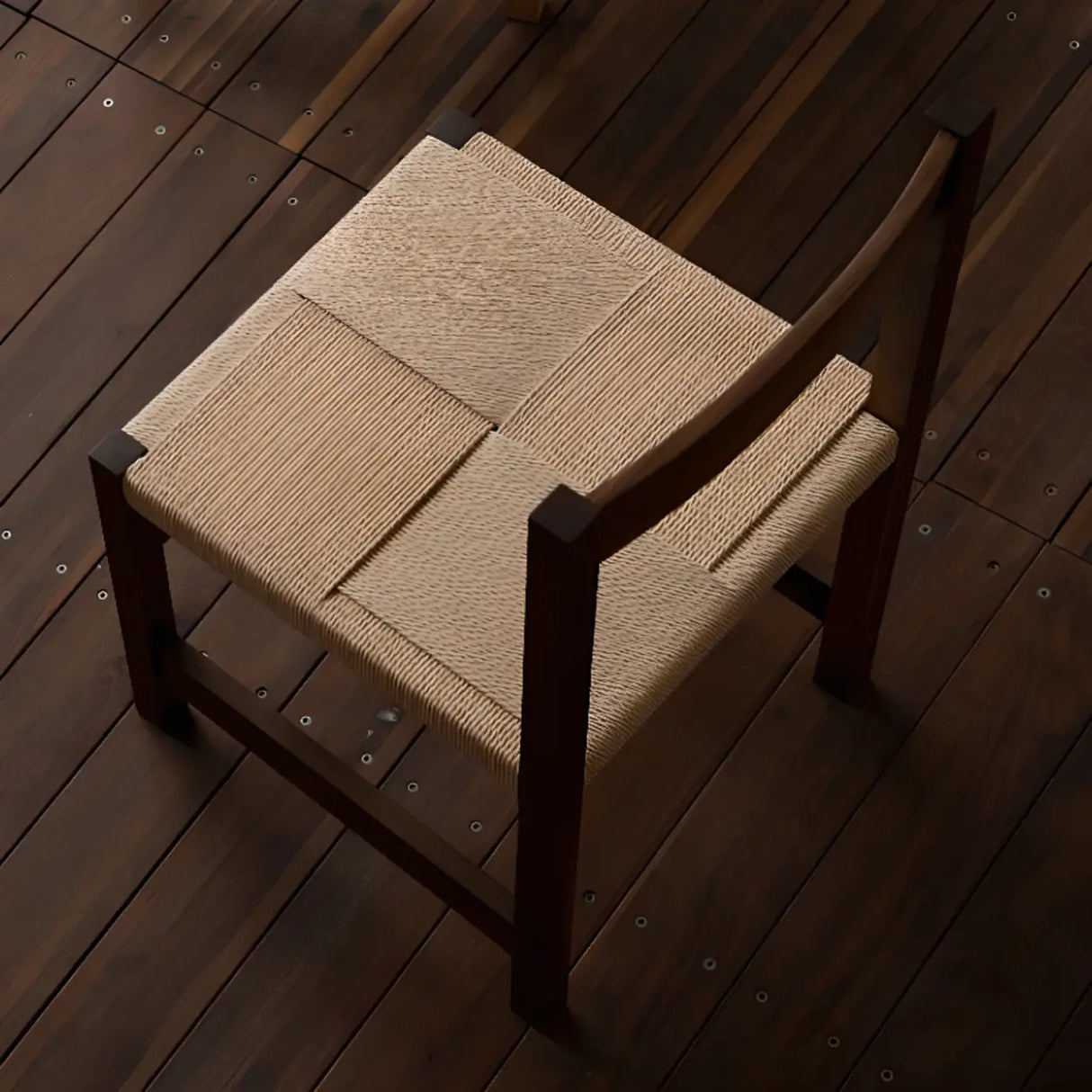 Open Braided Rope Seat Rectangle Wood Dining Chair Image - 7