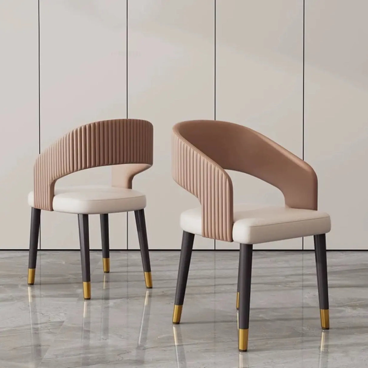 Open Curved Ribbed Back Faux Leather Dining Chairs Image - 1