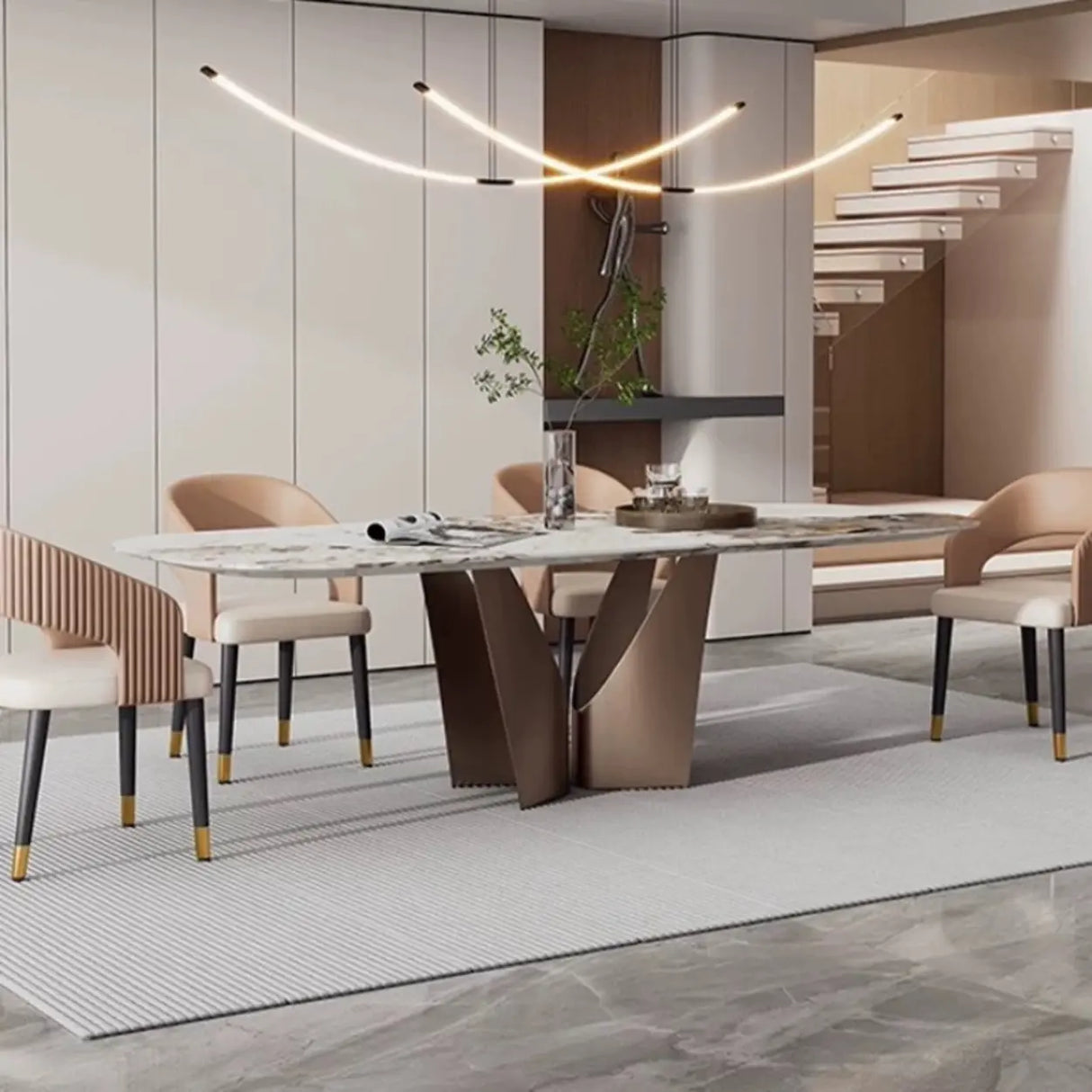 Open Curved Ribbed Back Faux Leather Dining Chairs Image - 4