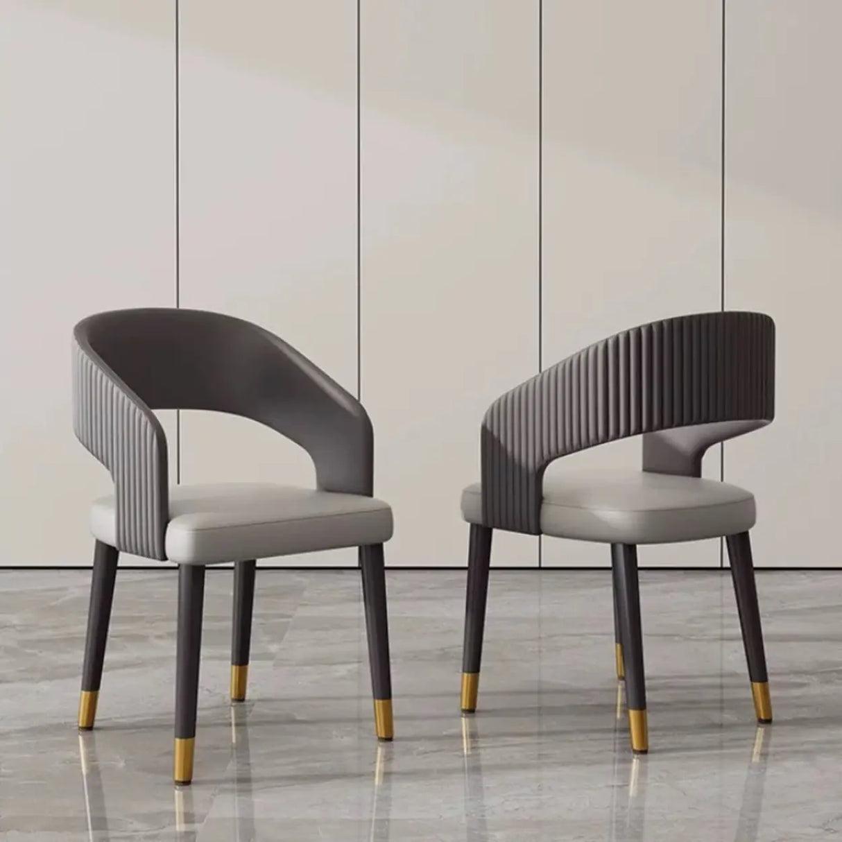 Open Curved Ribbed Back Faux Leather Dining Chairs Image - 6