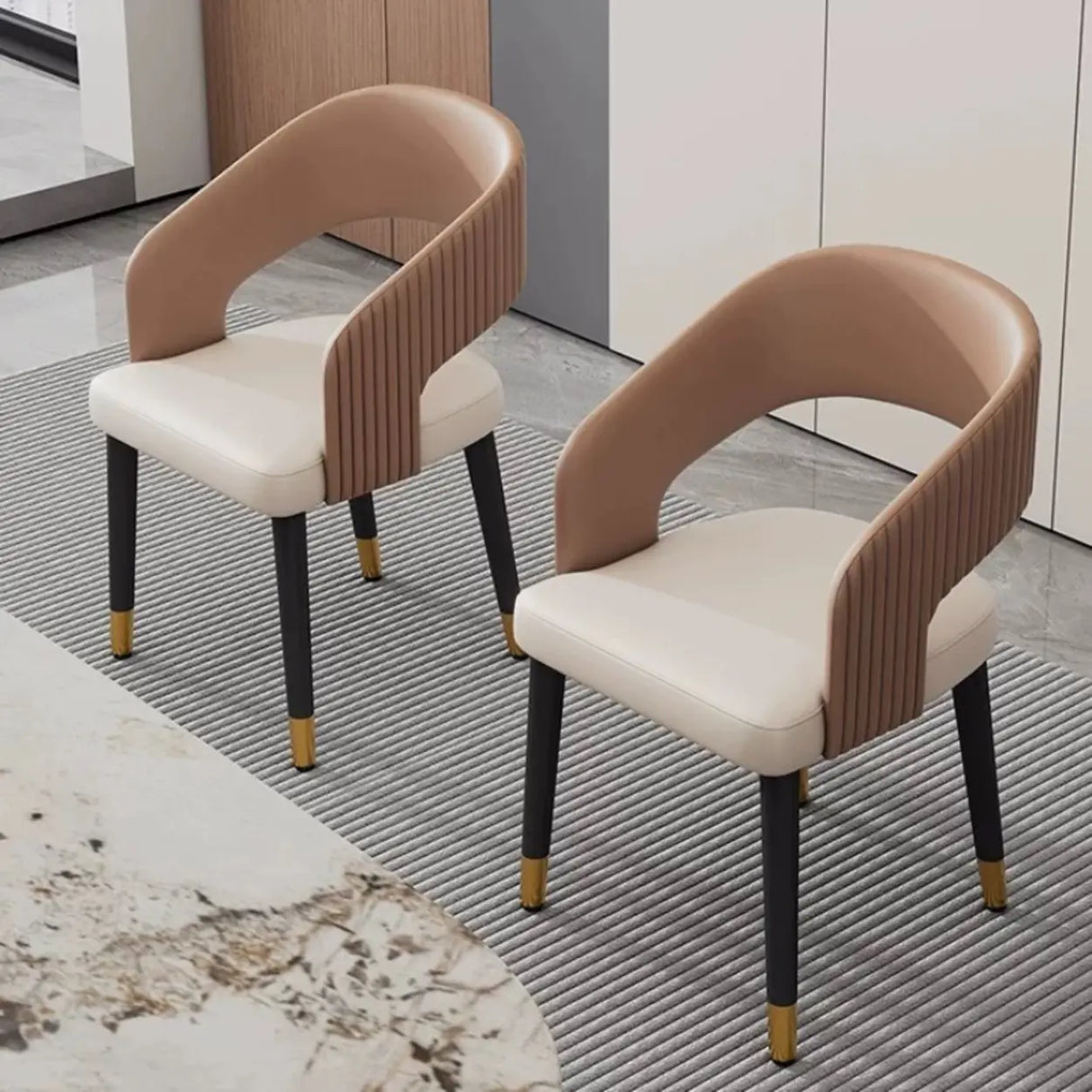 Open Curved Ribbed Back Faux Leather Dining Chairs Image - 8