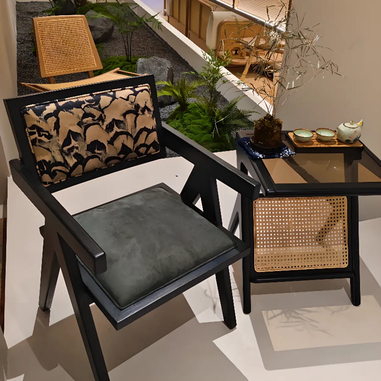 Open Pattern Back Cotton Arm Dining Chair Olive Green Image - 6