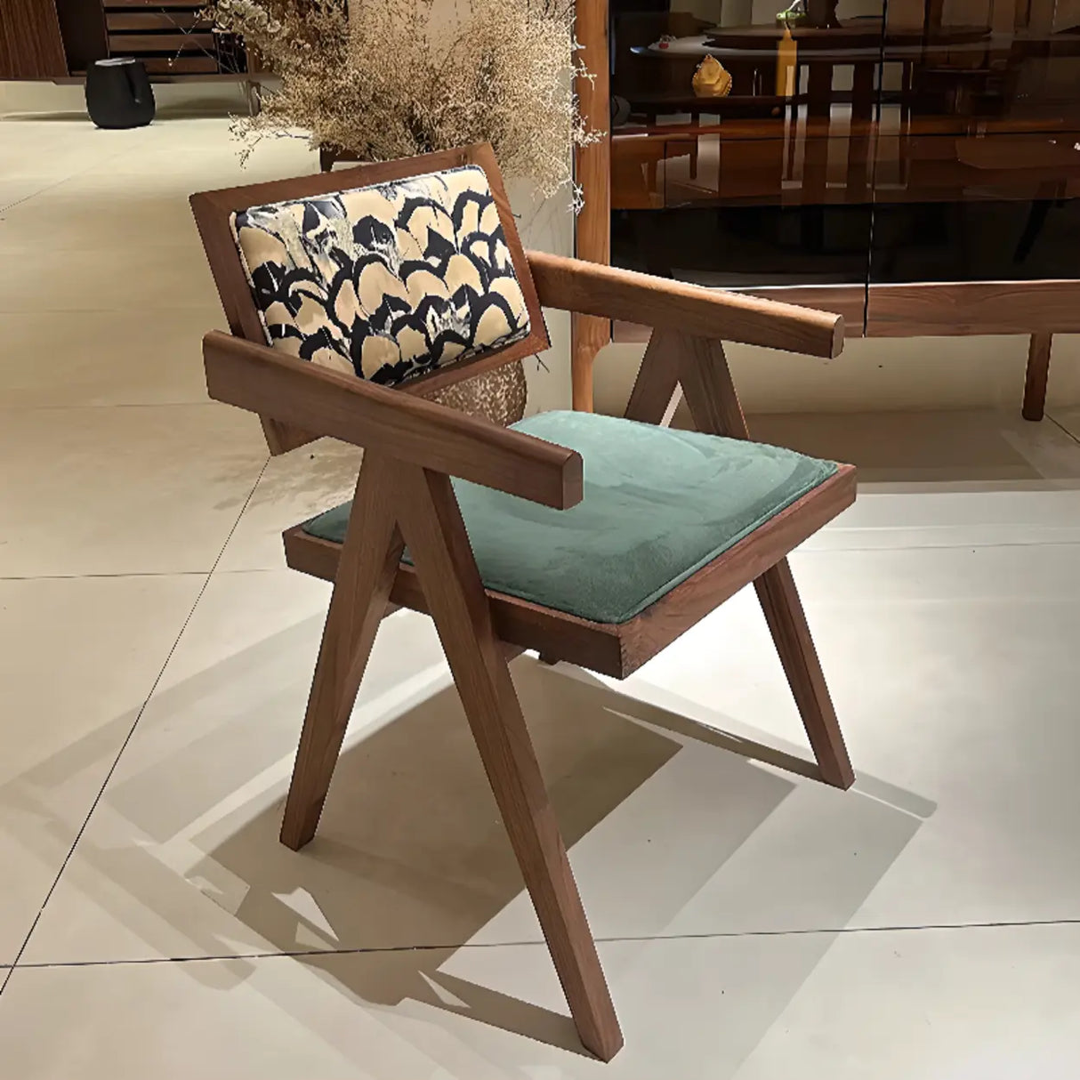 Open Pattern Back Cotton Arm Dining Chair Olive Green Image - 8