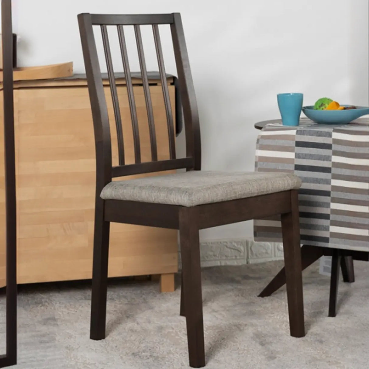 Open Slat Back Fabric Seat Wooden Dining Chair Brown Image - 1