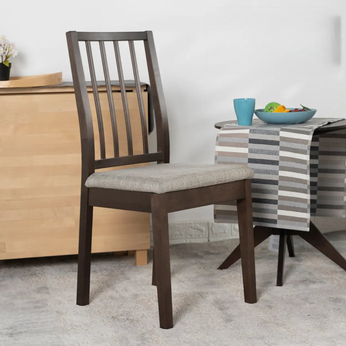 Open Slat Back Fabric Seat Wooden Dining Chair Brown Image - 2