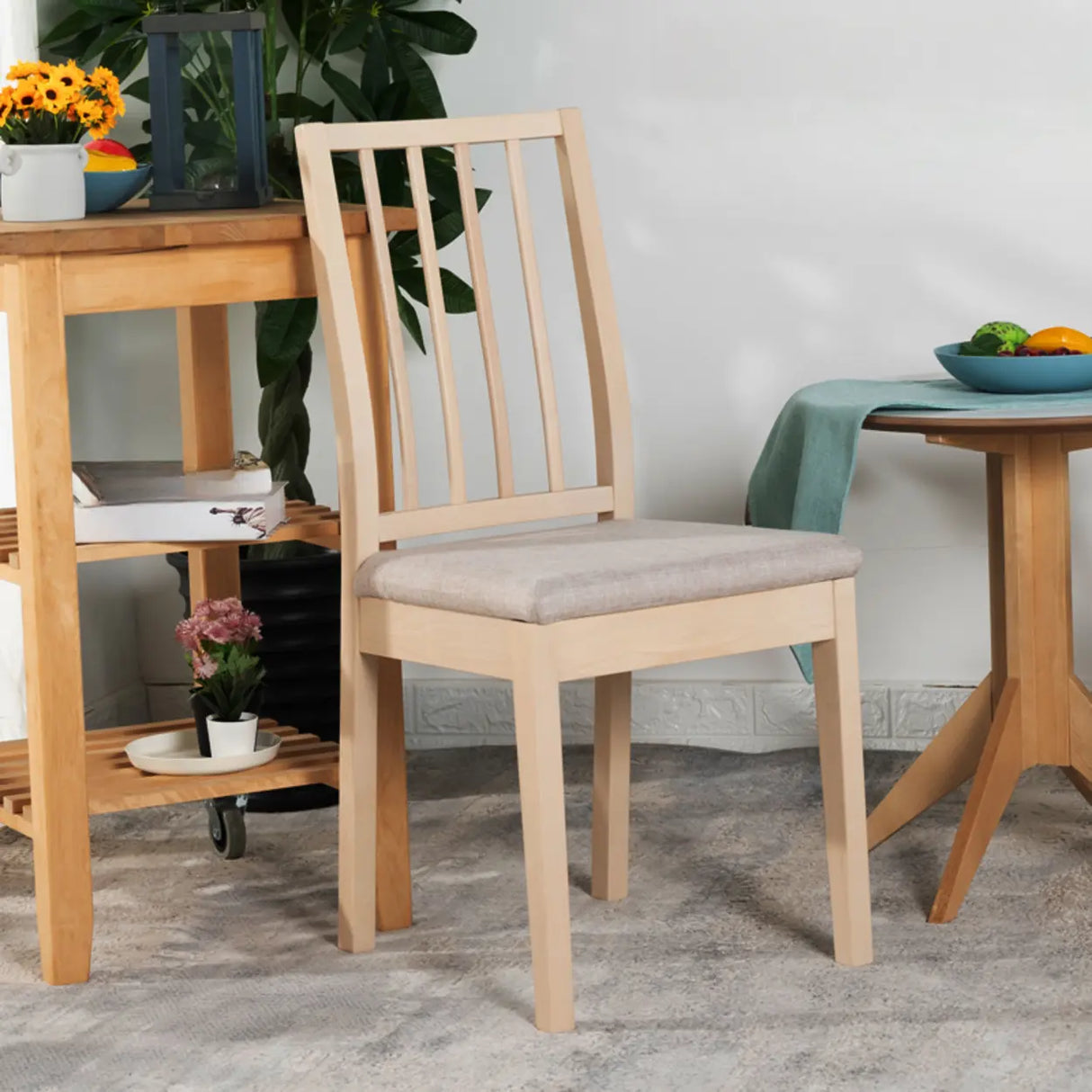 Open Slat Back Fabric Seat Wooden Dining Chair Brown Image - 3