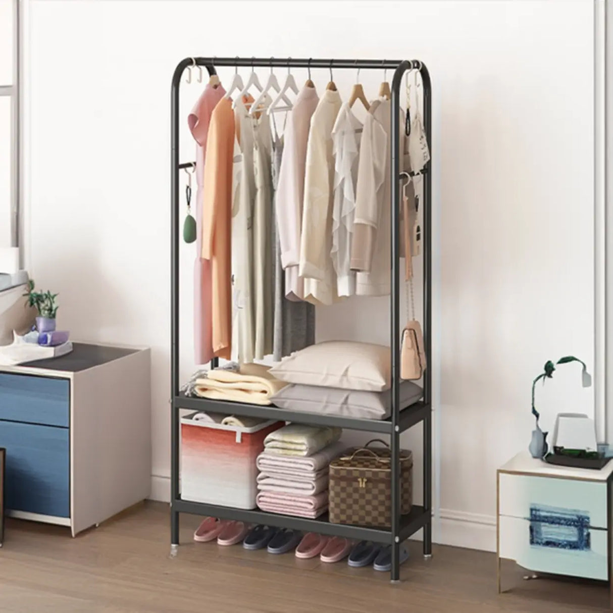 Open Storage Bedside Metal Hall Tree with Shelves Image - 11