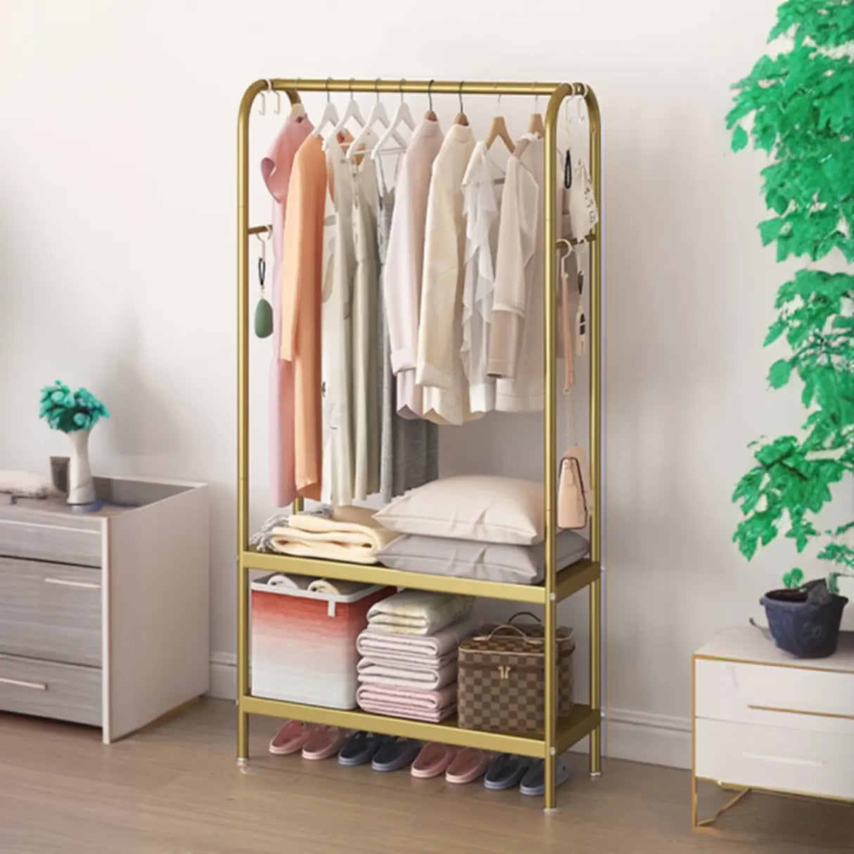 Open Storage Bedside Metal Hall Tree with Shelves Image - 15