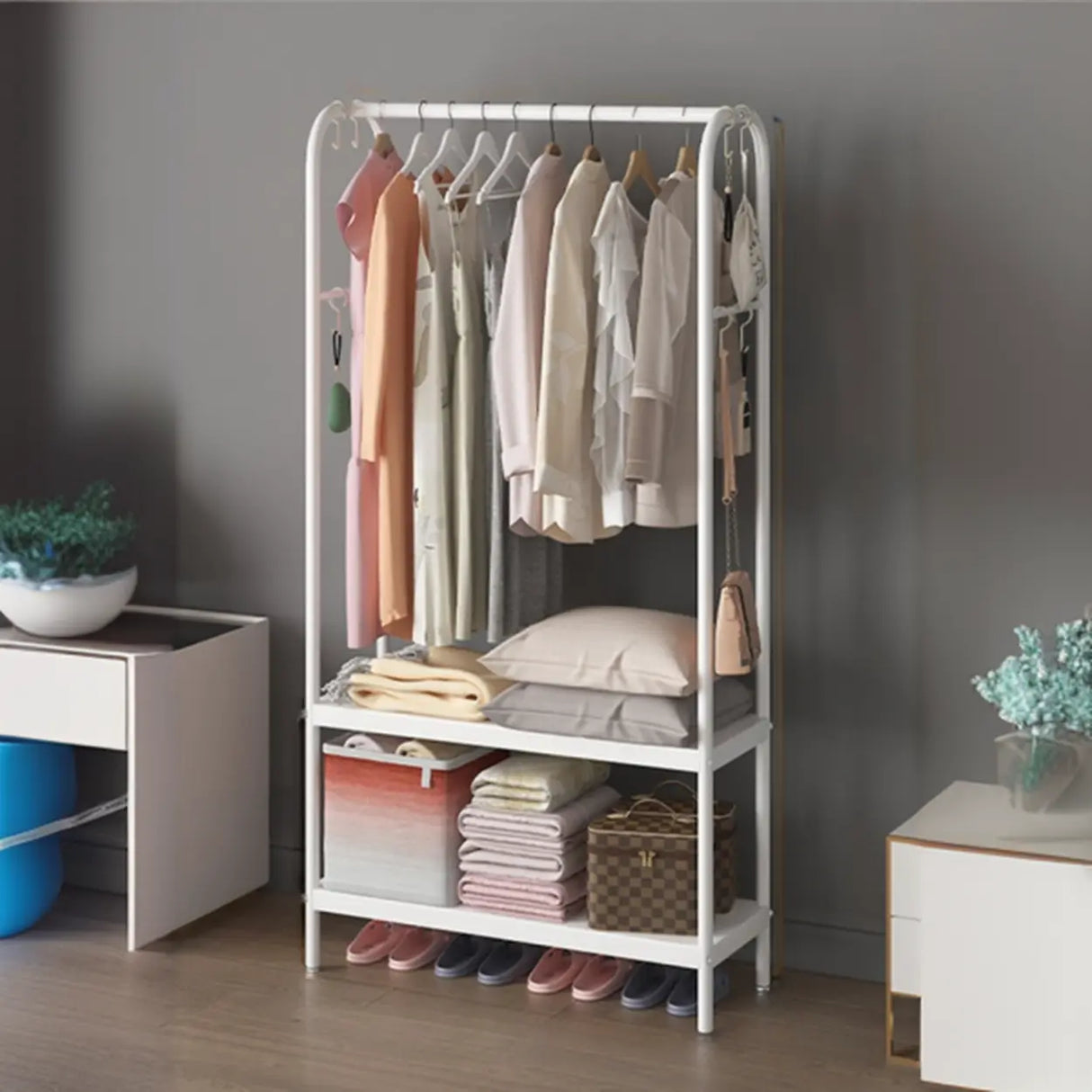 Open Storage Bedside Metal Hall Tree with Shelves Image - 16