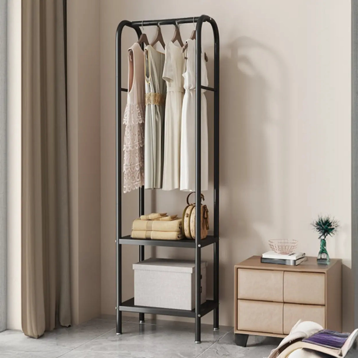Open Storage Bedside Metal Hall Tree with Shelves Image - 17