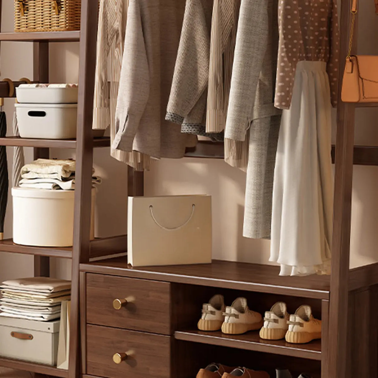 Open Storage Brown Shelves Wood Coat Rack with Drawers Image - 12