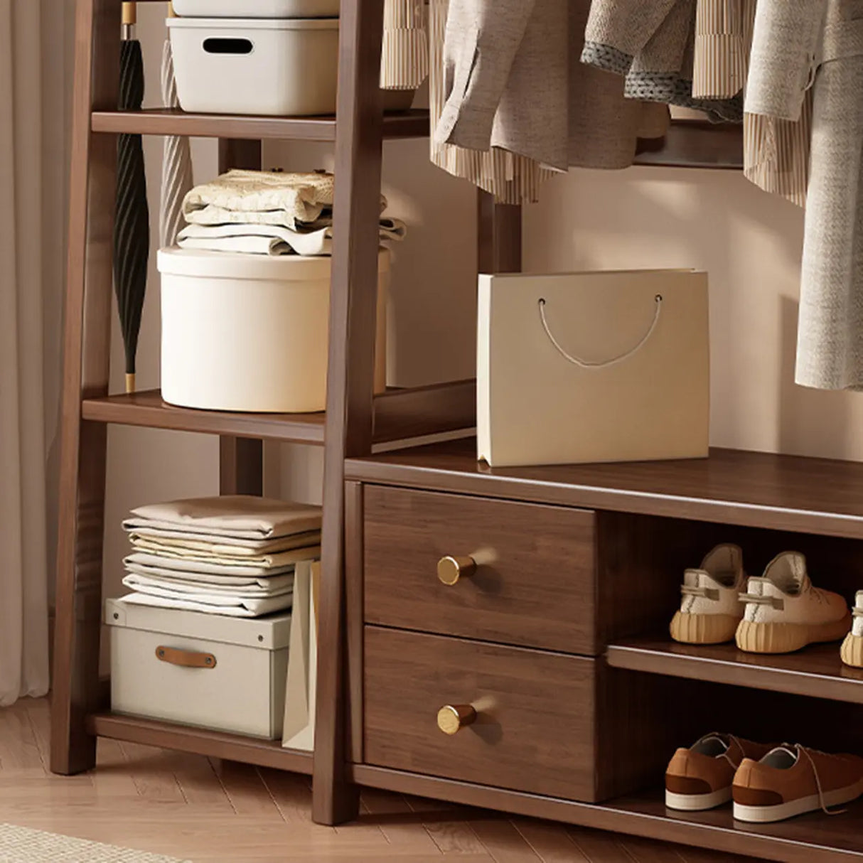 Open Storage Brown Shelves Wood Coat Rack with Drawers Image - 13
