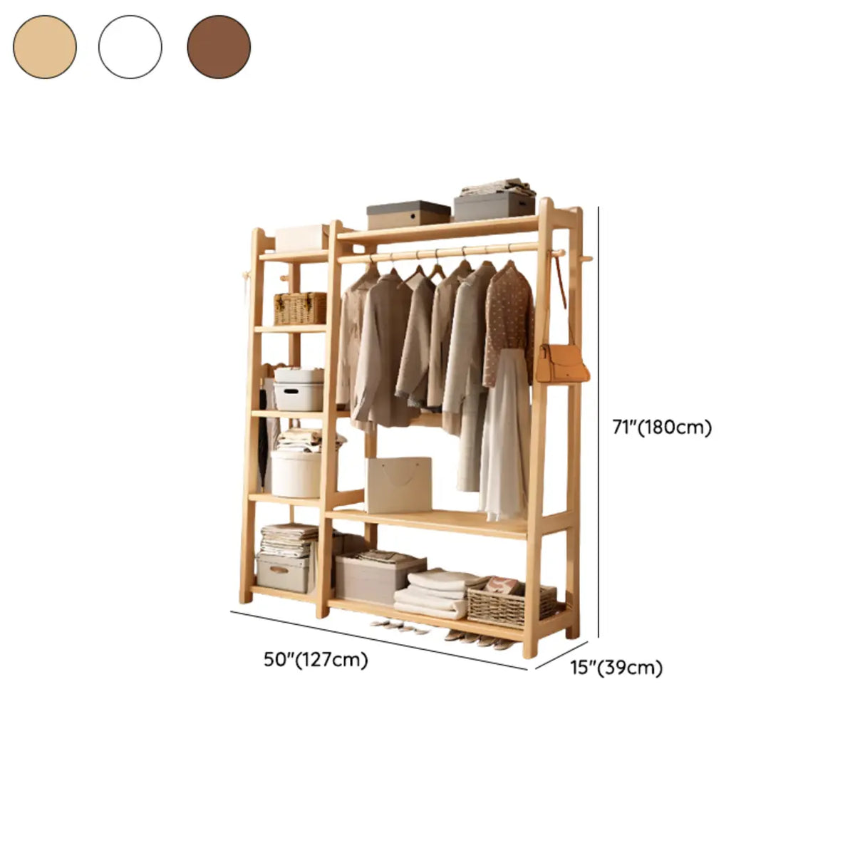 Open Storage Brown Shelves Wood Coat Rack with Drawers Image - 15