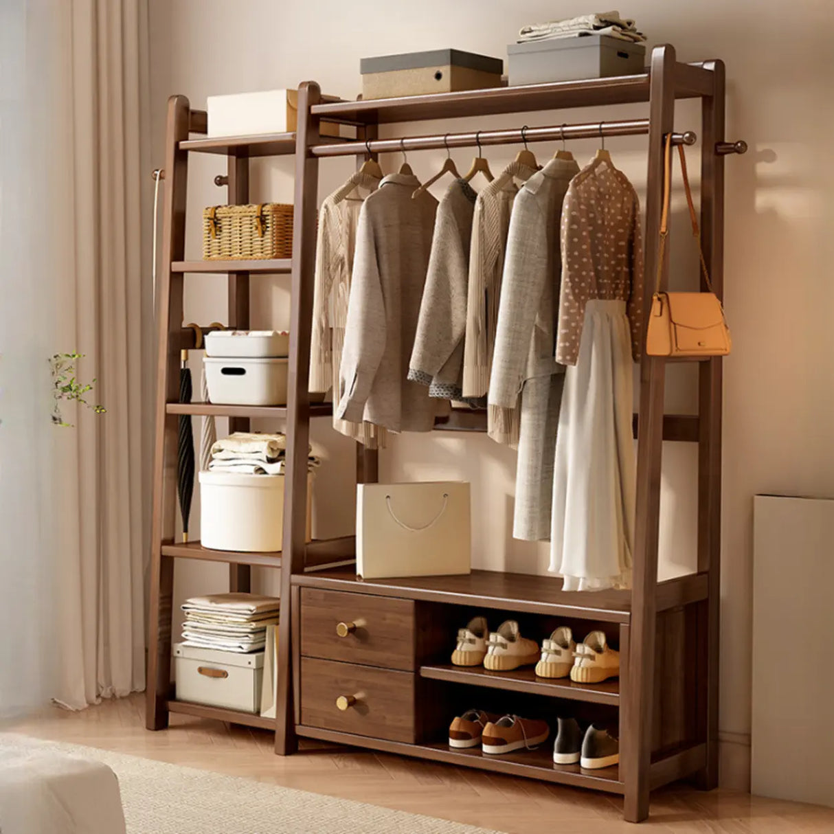 Open Storage Brown Shelves Wood Coat Rack with Drawers Image - 3