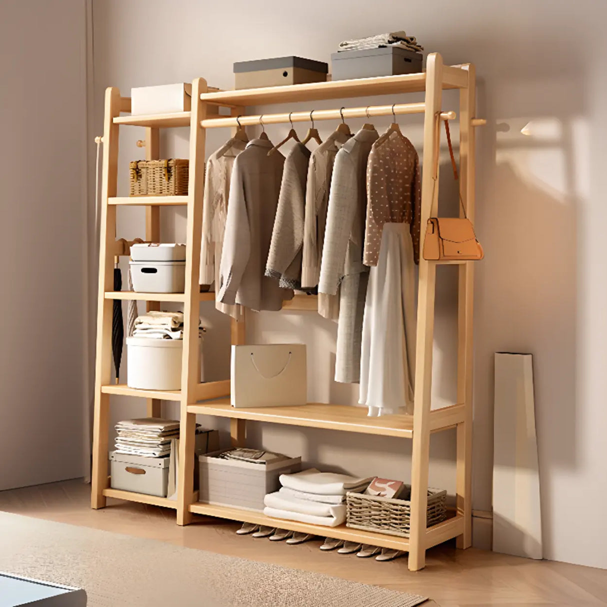 Open Storage Brown Shelves Wood Coat Rack with Drawers Image - 4