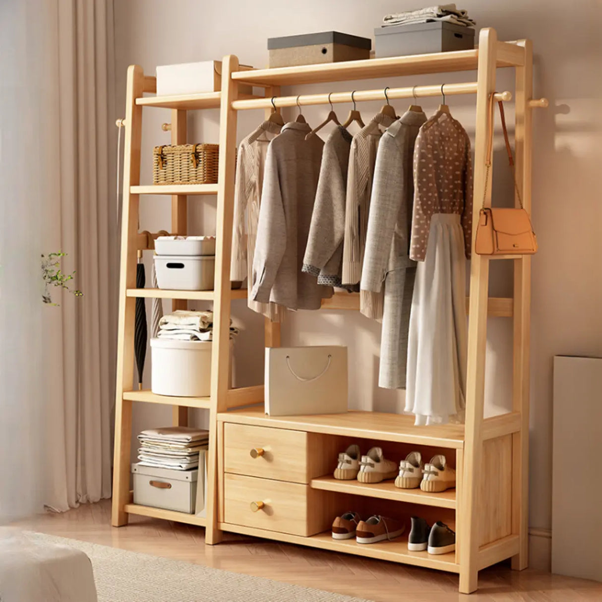 Open Storage Brown Shelves Wood Coat Rack with Drawers Image - 5