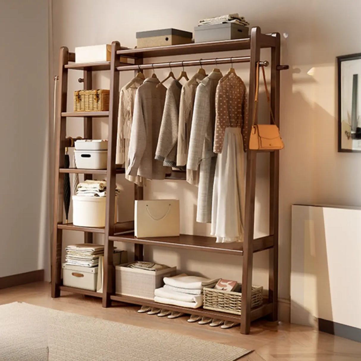 Open Storage Brown Shelves Wood Coat Rack with Drawers Image - 6