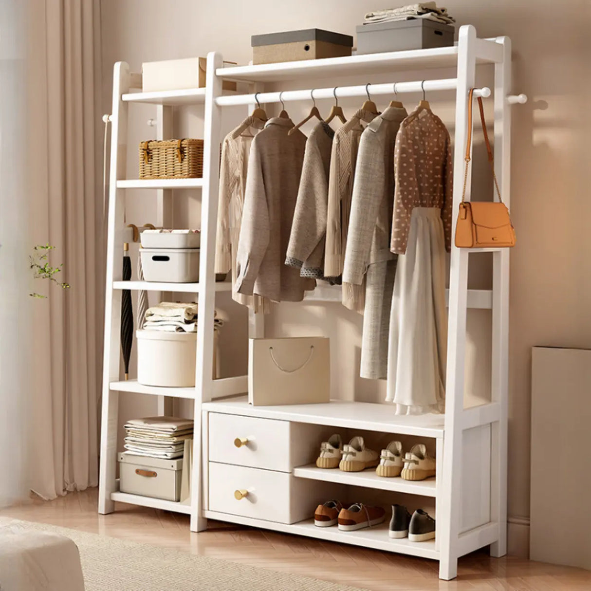 Open Storage Brown Shelves Wood Coat Rack with Drawers Image - 7