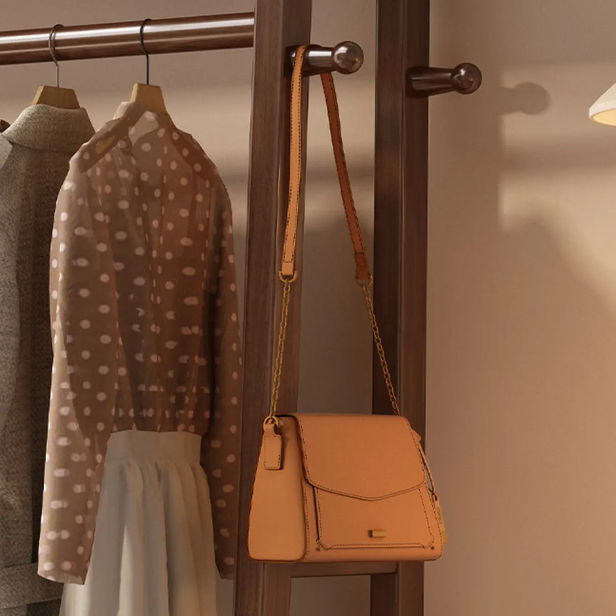 Open Storage Brown Shelves Wood Coat Rack with Drawers Image - 9