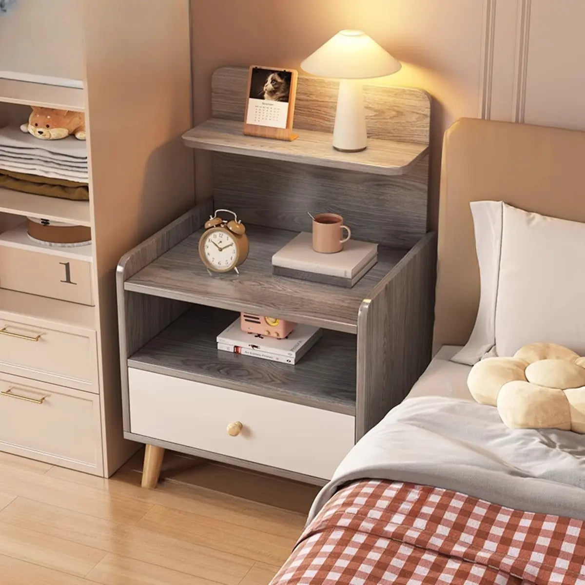 Open Storage Square Wood Warm White 2 Shelves Nightstand Image - 10